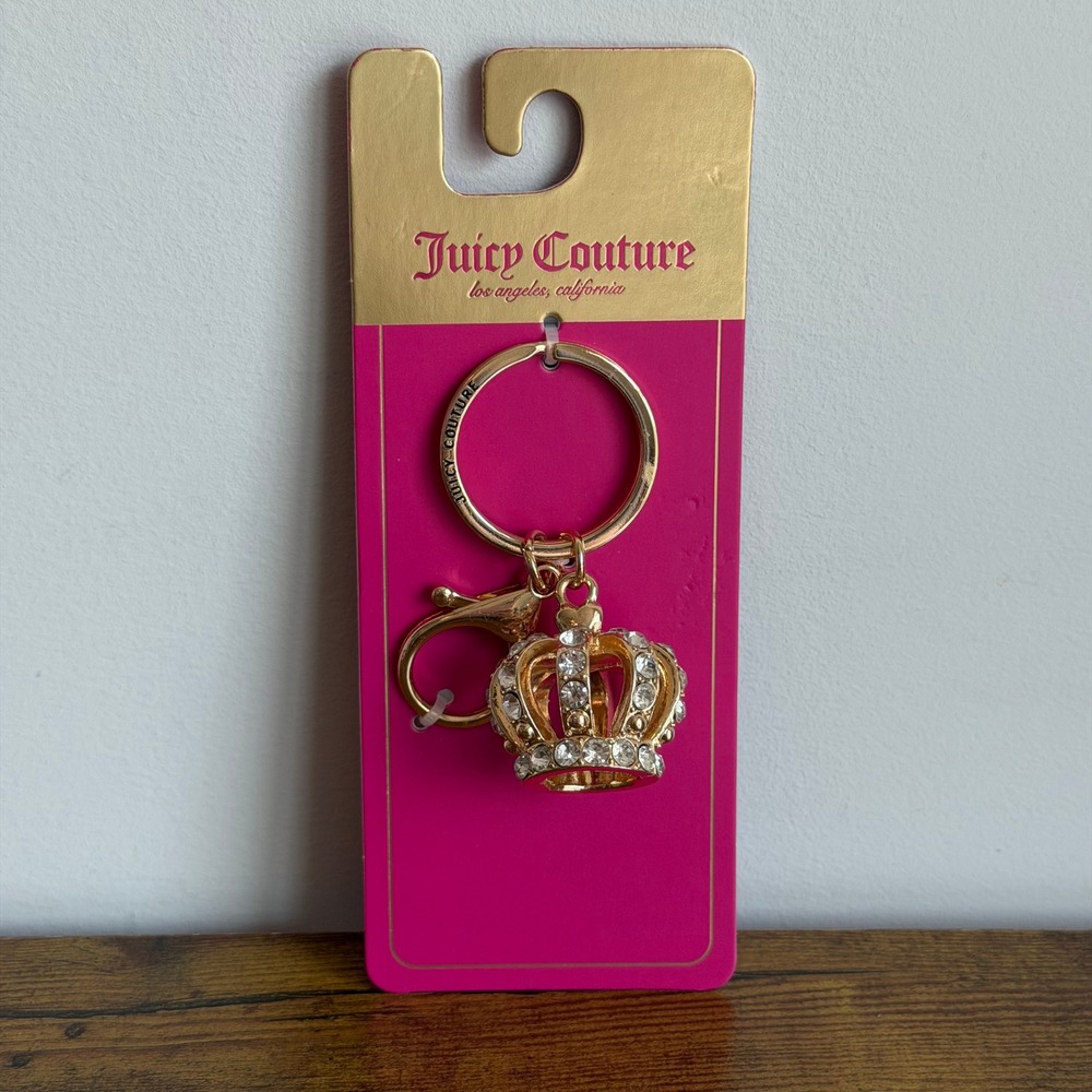 NWT Juicy Couture Gold Crown Royal Rhinestones Keychain Bag Charm Cute